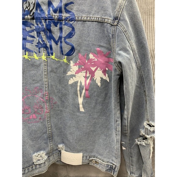 Boohoo MAN Official Denim Jacket Graphic Print Mens Large Blue Button Front - Picture 9 of 16
